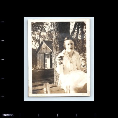 Old Vintage Photo WOMAN EATING AND DRINKING OUTSIDE