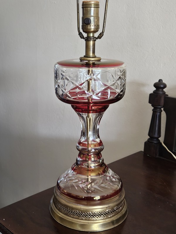 Rare Vtg Clear And Iridescent Cranberry Red Flash Glass Lamp Reticulated Base