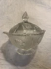 Jeanette Glass Iris & Herringbone Clear Covered Footed Candy Dish Crystal Vtg.