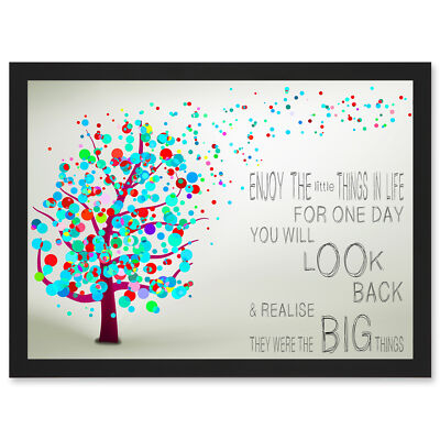 Enjoy Little Things Life Bubble Tree Zitat Typografie A4 gerahmter Wandkunstdruck