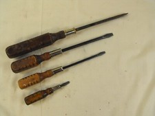 Lot of 4 Vintage Wooden Handle Flat Head Screwdrivers 15" - 12" - 10" - 5" NICE