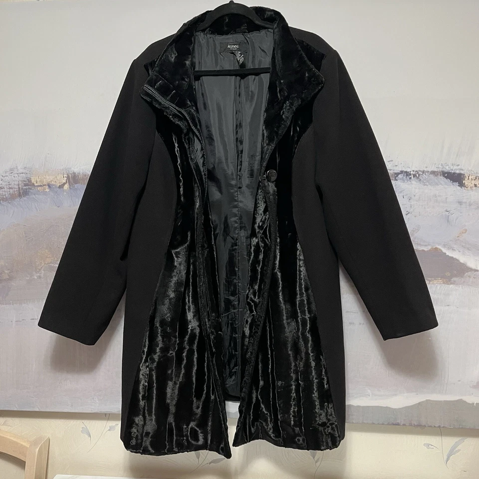 ALFANI Woman 3X Black Coat Faux Fur Trim Midi LUXE Stand-Up Collar Pockets Lined - Image 3 of 4