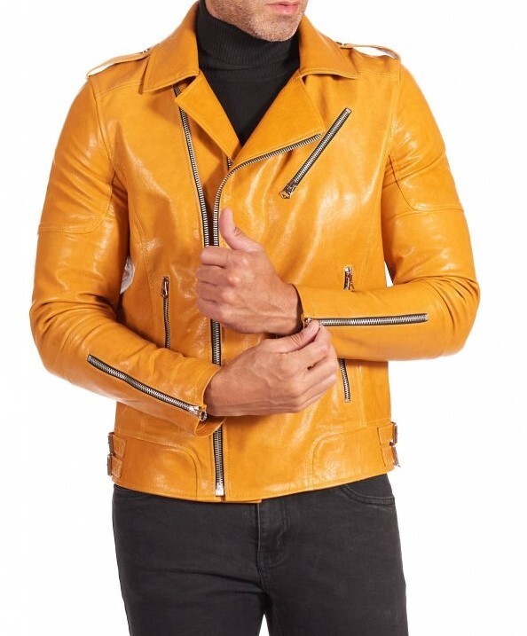Men's Ocher Washed Lambskin Leather Biker Jacket with Double Zipper Moto Coat