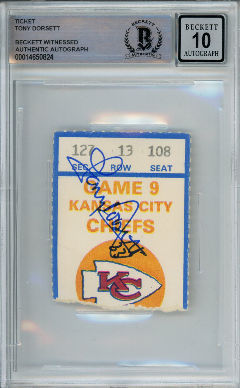 Tony Dorsett Autographed Signed 11/20/1983 Vs Chiefs Ticket Stub Beckett Slab 39259 