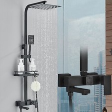 Black Bathroom Exposed Shower Mixer Taps Set Rain Twin Head Valve Wall Mounted