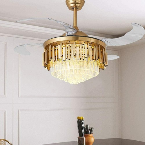 42" Crystal LED Chandelier Gold with Remote Invisible Ceiling Fan Light 3 Color