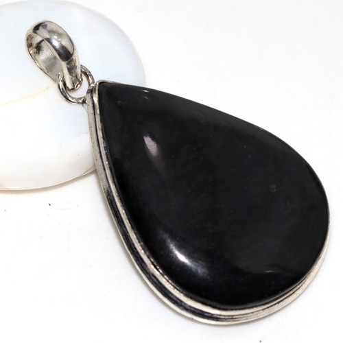 925 Silver Plated Black Obsidian Ethnic Pendant Jewelry Size 2.1" GW