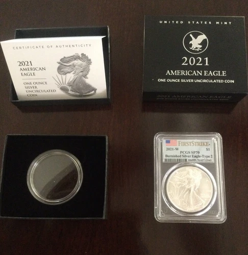 2021 W American Silver Eagle Burnished Type 2 - PCGS SP70 First Strike With OGP