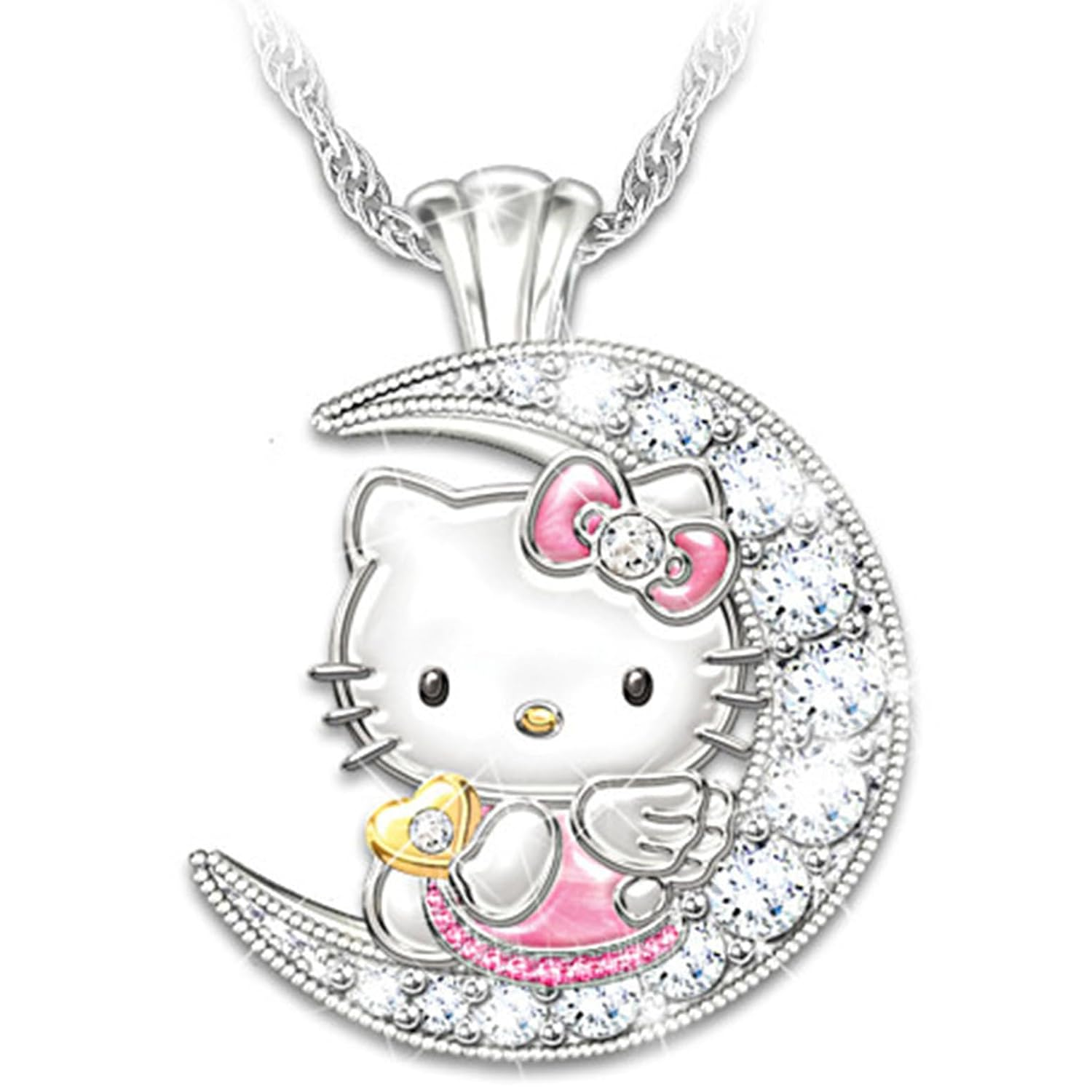 Pendant Necklaces Pink Silver Popular Kitty Sitting on a Rhinestone Moon