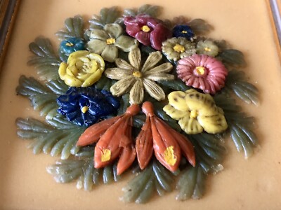 Vintage Wax Folk Art Sculpture 3D FLOWER Picture German Hand Made