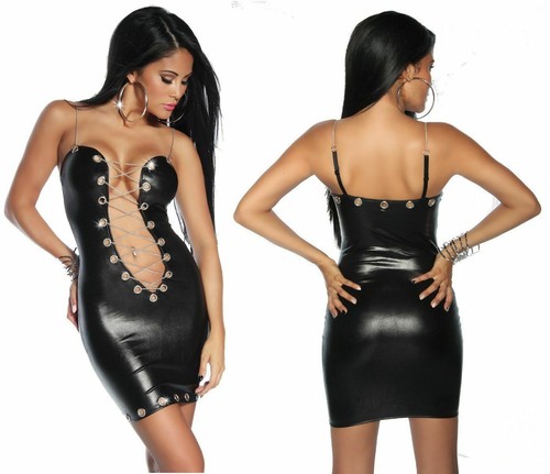 Sexy Mini Abito Nero Stringato Scollato Vestito Latex Vinile Borchie  Clubwear XS | eBay