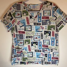 SB Scrubs Scrub Top Medical Uniform Holidays Snowman Penguins V Neck Medium