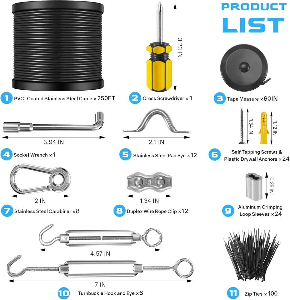 String Light Hanging Kit with 250 Ft Vinyl Coated 304 Stainless Steel Cable, Str - Image 2 of 4
