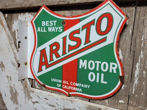 VINTAGE ARISTO PORCELAIN SIGN OLD FLANGE US UNION OIL OF CALIFORNIA GAS PUMP OIL