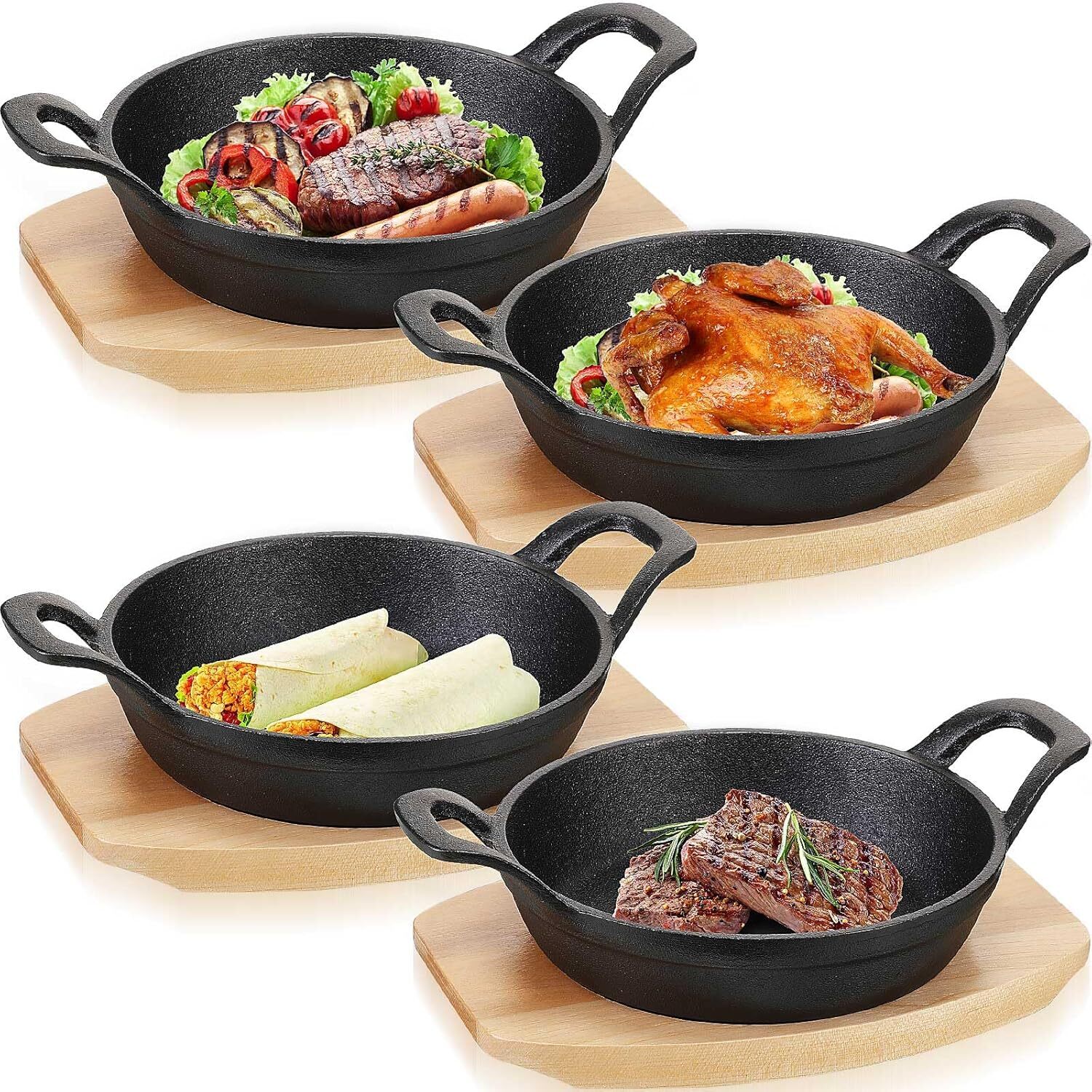 4 Sets Mini Cast Iron Skillet Mini Cast Iron Sizzler Plates Skillet with Wo...