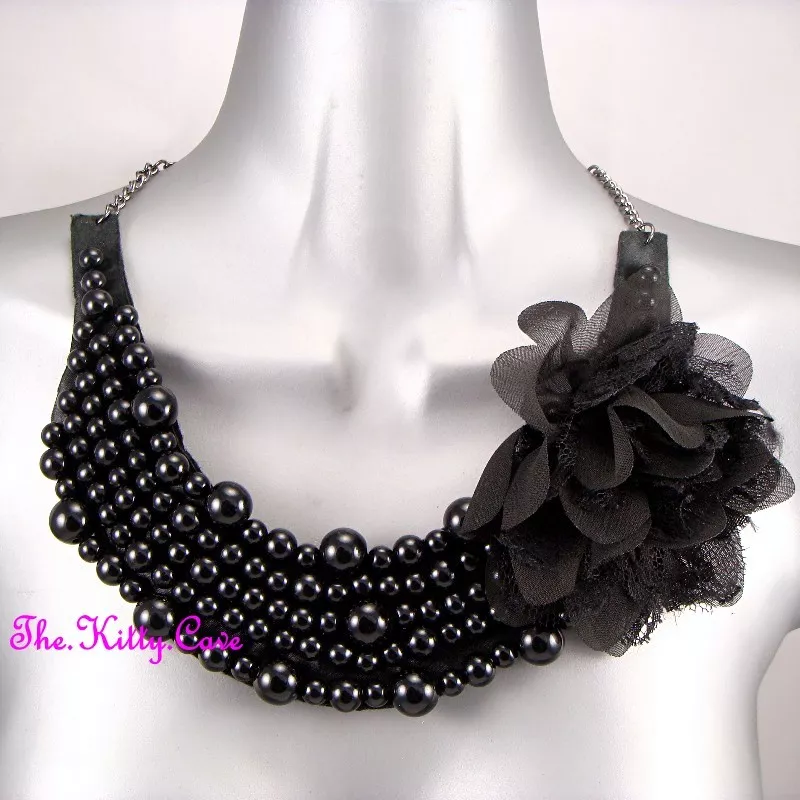 Large Gothic Black Beads Lace Fabric Flower Corsage Bib Statement