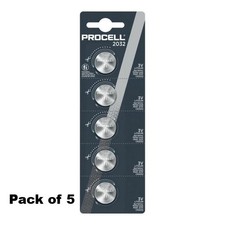 DURACELL BATTERY COIN BUTTON CR2032 PROCELL 3V LITHIUM - Pack of 5 BATTERIES