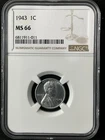 1943  1C Lincoln Wheat One Cent  NGC MS66  6811911-011