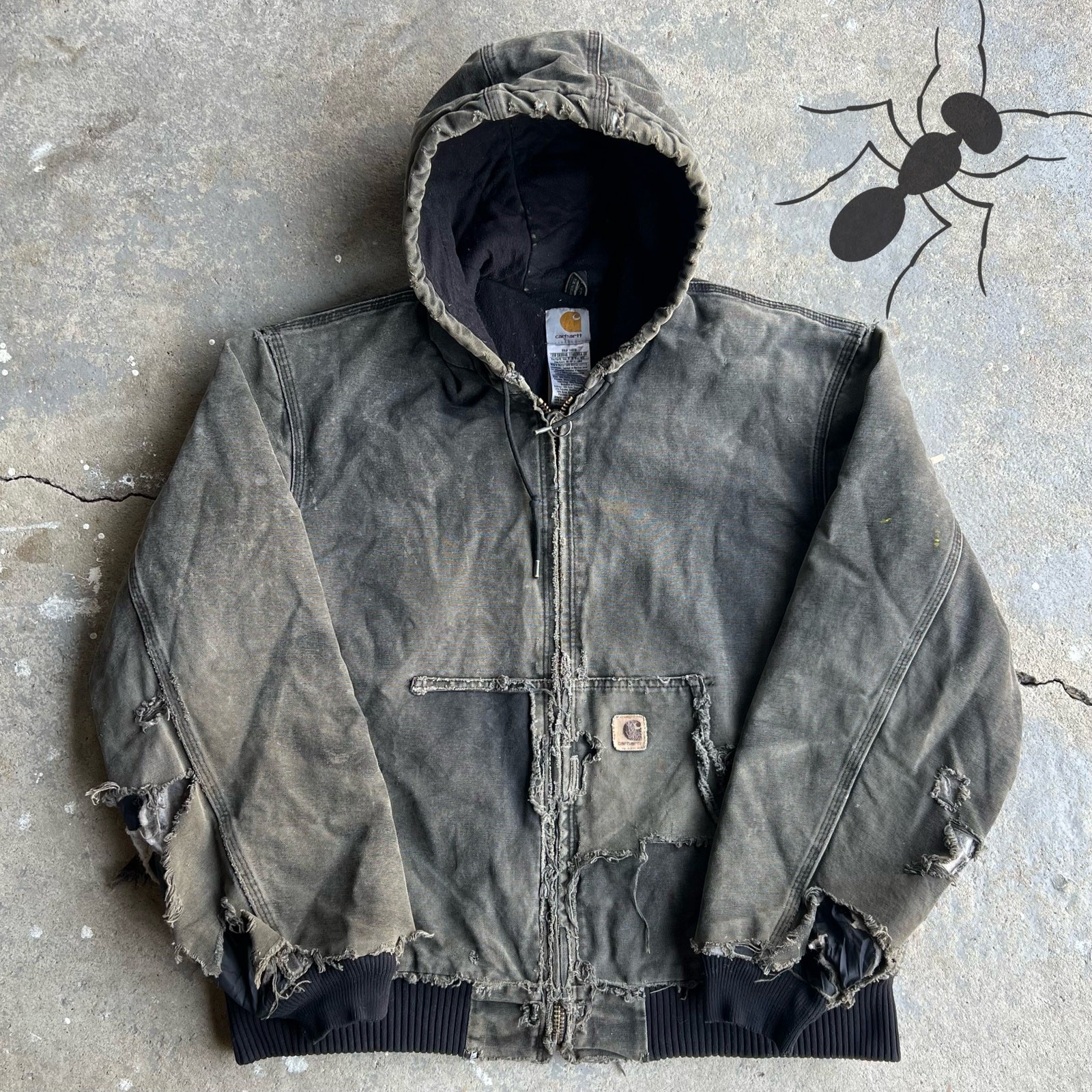 Vintage y2k THRASHED J130 BLK black carhartt hooded work wear jacket