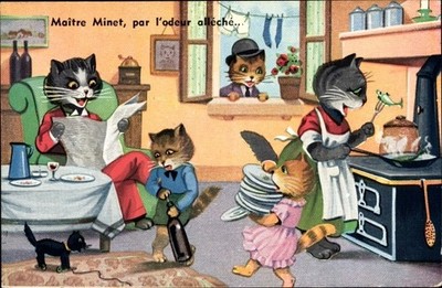 Künstler Ak Vermenschlichte Katzenfamilie bereitet das Abendessen vor - 3318403