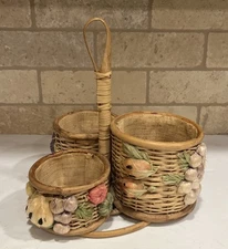 Vtg Woven Wicker 3D Rafia Vegetables Caddy Flatware Holder Lined Basket Handle