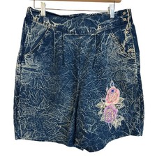Vintage Snow Blue Womens Acid Wash Shorts Bedazzled Roses Small