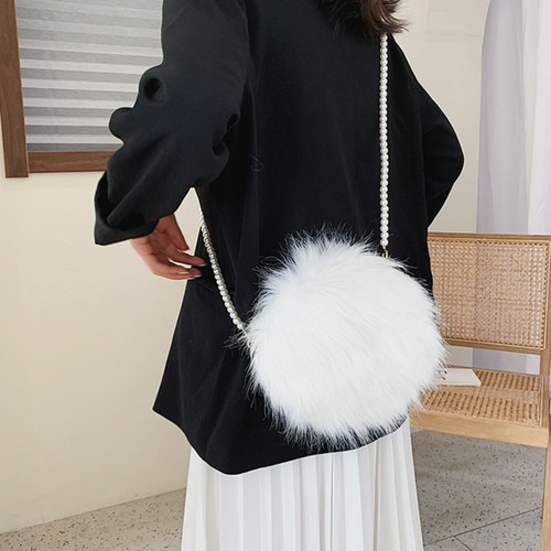 Fuzzy Flap Shoulder Bag White Hairy Plush Crossbody for Woman Round - Picture 12 of 12