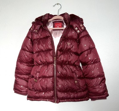 GUESS Maroon Girls Jacket Hooded Fur Puffer with Rose Gold foil hearts size 6