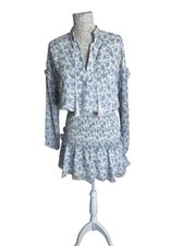 Aqua Floral Print Mini Dress ruffles bohemian cottage core ditsy floral sz large