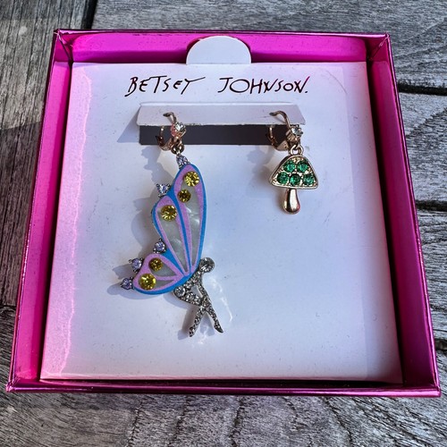Betsey Johnson Gold Tone Enchanted Fairy & Mushroom Mismatch Drop Earrings