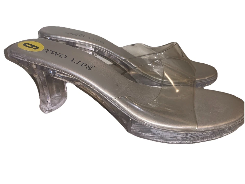 Sandalia De Colección Años 90 00 Y2K Dos Labios Transparente Metálica Gruesa Tacón Deslizable 9 Miami Foto 2 de 3