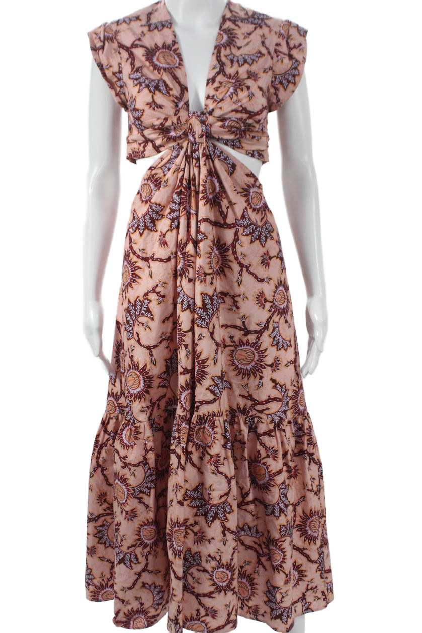 ALC Womens Maxi Dress Pink V-Neck Short Sleeve Cotton Floral Bohemian Size 0Free Shipping in US $100+ Orders | $6.95 Orders Below