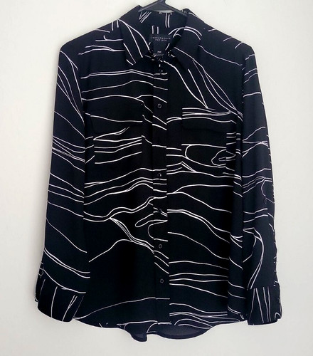 Investments Petites Blouse top black long sleeve w pattern career casual size PM