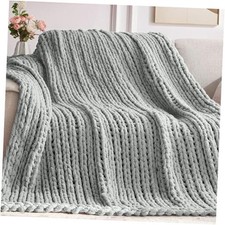 Chunky Knit Throw Blanket, 60'' 80'' Knitted Throw Chenille 60"x80" Light Grey