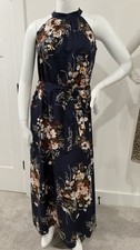 SHEIN Floral Halter Maxi Dress XL Navy Blue Sleeveless Tie Waist Boho Elegant