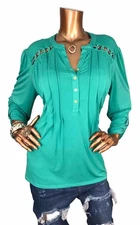 ny collection XL Top Stretch Green Pleated Loose Fit 1/2 Button Up Shirt Blouse