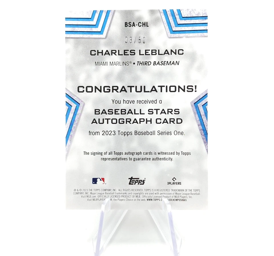 2023 Topps Series 1 Rookie Auto /50 Charles LeBlanc Gold Autograph Miami Marlins - Image 2 of 4