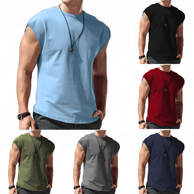 Mens Fashion Sleeveless T-Shirt Solid Color Round Neck Vest Muscle Tank Tops