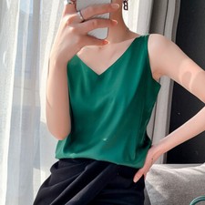 Lady Strappy Tank Tops Satin V-neck Plain Vest Sleeveless Smooth Casual Summer