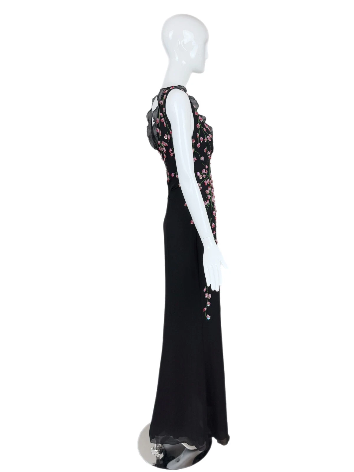 VALENTINO BOUTIQUE maxi abito vintage nero seta floreale perline ricamate volant