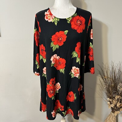 Bobbie Brooks Womens Mini Dress Tunic Black Red Floral 3/4