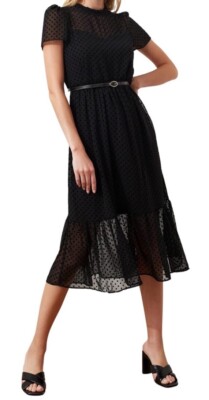 Trendyol Woman's UK 10 Dress Mid Ruffle Regular Fit Dress Black UK 10