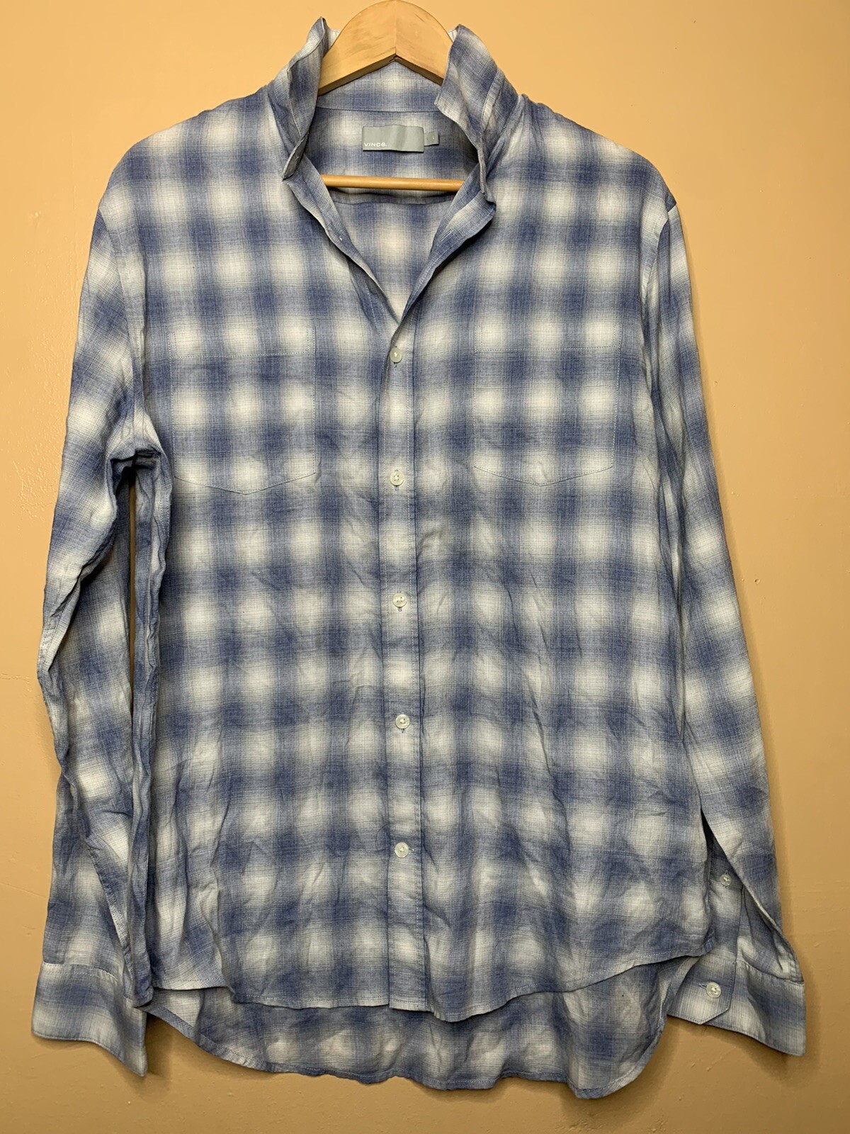 Vince Men's Size Large Shirt Button Up Plaid Blue Gray Long Sleeve Collared image 3