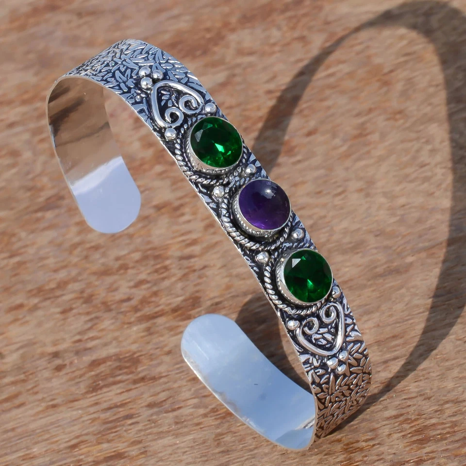 Браслет-манжета из стерлингового серебра 925 пробы с хромированным диопсидом и аметистом для девочек - Изображение 2 из 4