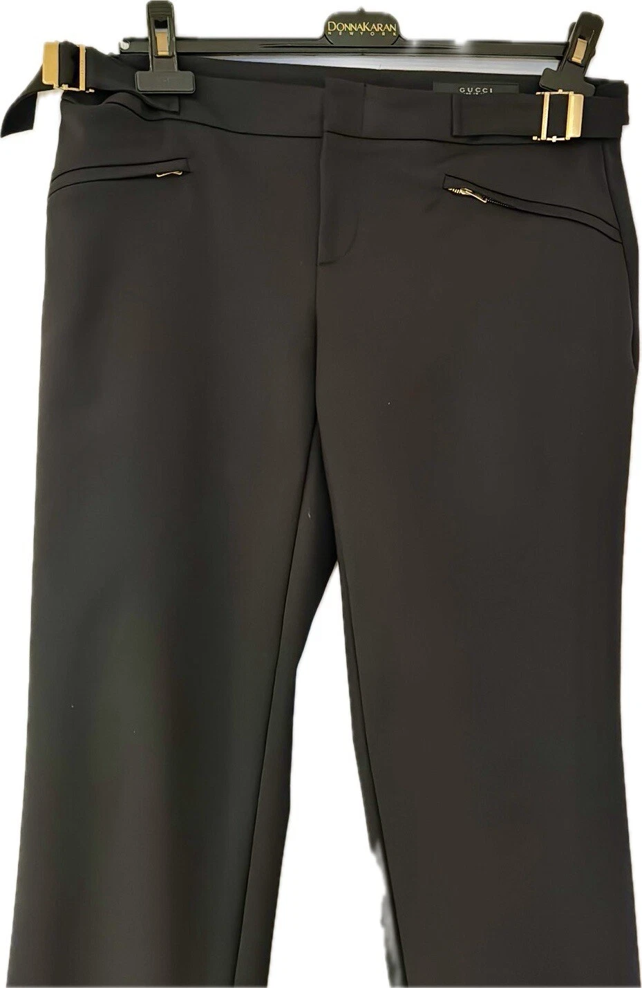 GUCCI FABULEUX PANTALON EN LAINE NOIRE, QUINCAILLERIE DORÉE SUR CEINTURE, FERMETURES ÉCLAIR SUR LE BAS,10