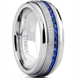 Men's Titanium Steel 8MM Blue AAA Cz Band Silver Brushed Engagement Ring