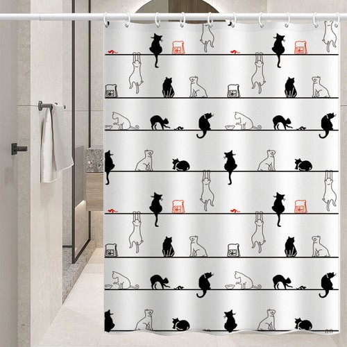 Black And White Cat Bathroom Waterproof Shower Curtain With 12 Hooks Polyester - Picture 10 of 28