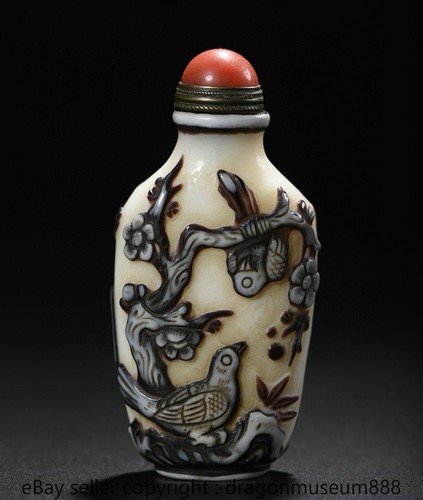 3.2" Qianlong Marked Old Chinese Glaze Carving Tree Bird Scenery Snuff Bottle