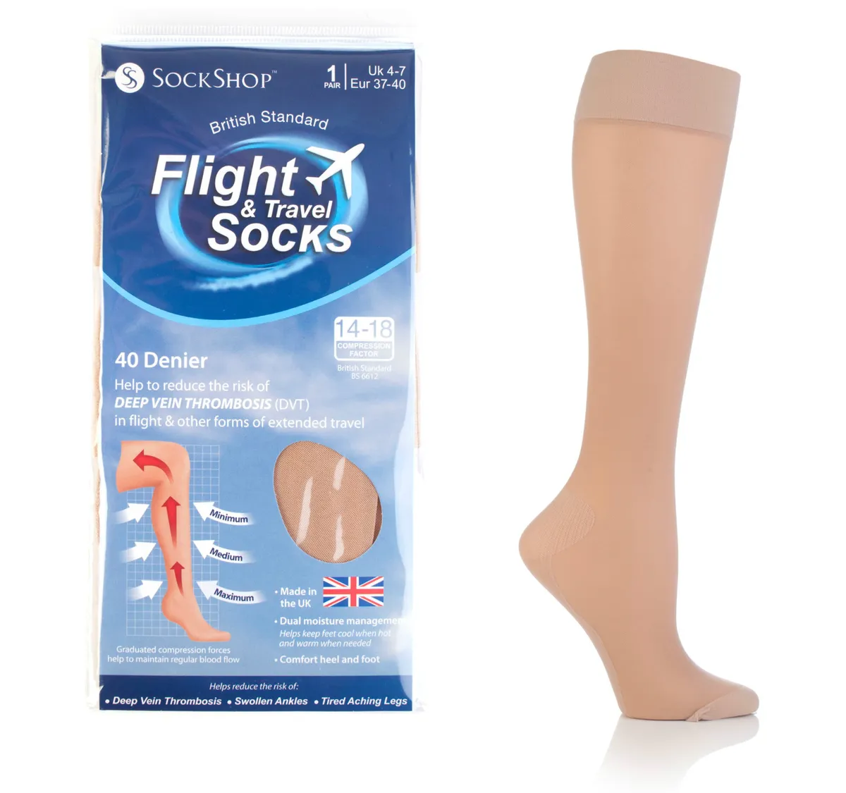 1 Pair Sockshop 40 Den Compression DVT Flight and Travel Socks 4-7 uk  Natural