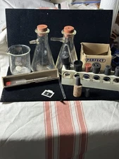 Vintage Pyrex Lab Glassware Lot w/ Hydrometer, 11 Stoppers, Rack & Accessories